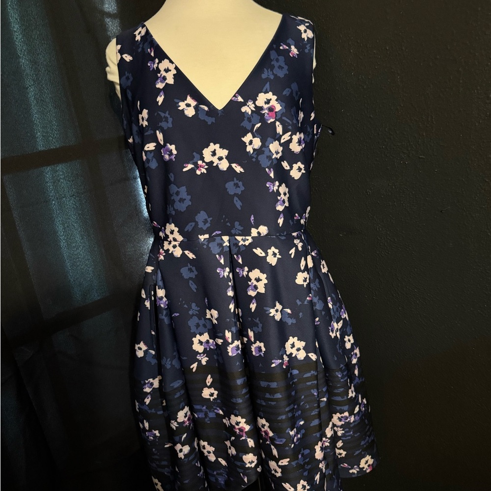 Neiman Marcus Navy Floral A-Line Dress with Lavender Accents
